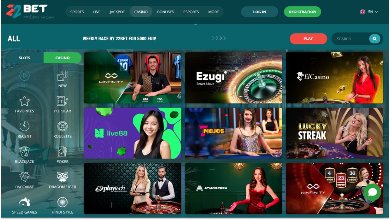 22bet online casino and live casino