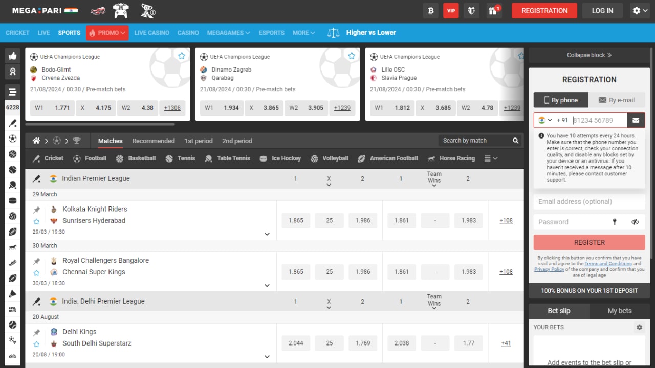 Megapari betting and odds