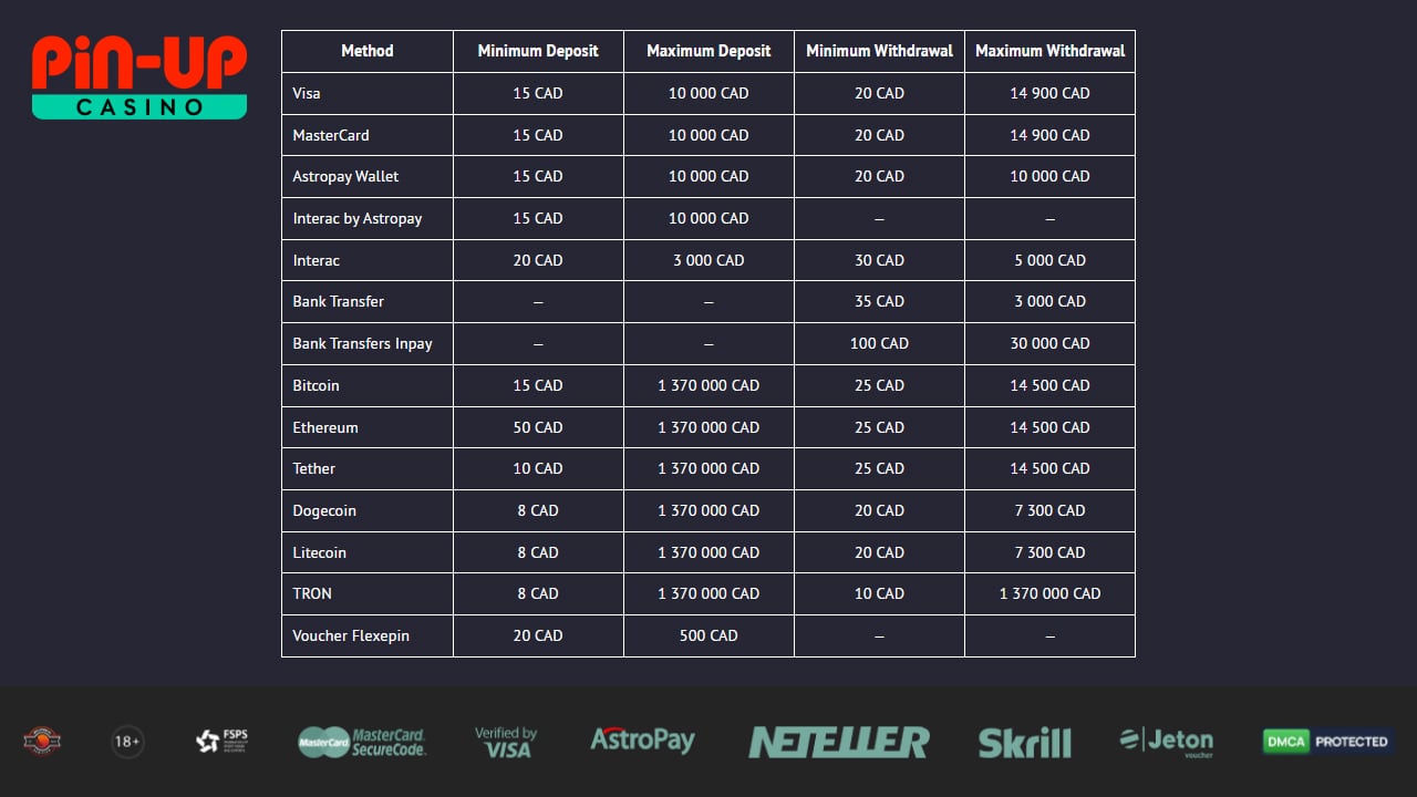 Pin-up casino payment methods